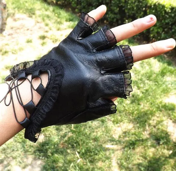 5st Fashion Black Real Leather Woman Fingerless Handskar för Dancing Sports GL1192R