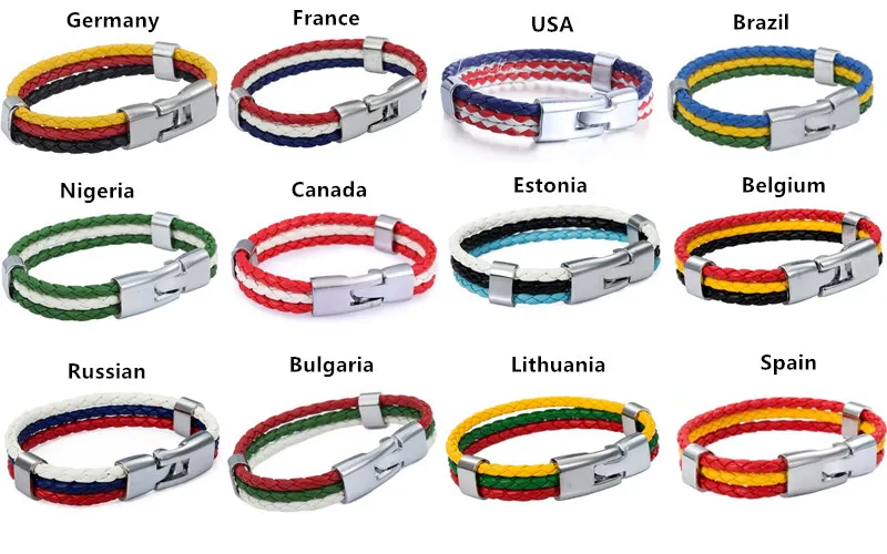 2018 Russie Coupe du monde drapeau couleurs bracelet en cuir hommes femmes corde tressée bracelets bijoux pour hommes 8 