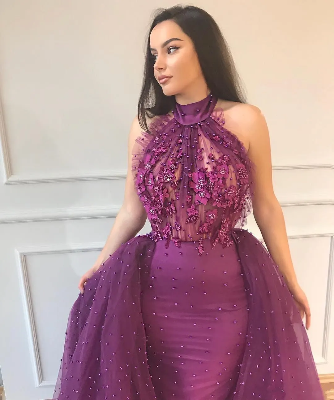 Afrikaanse Zeemeermin Overrokken Prom Dresses Illusion Hoge Hals Kralen Avondjurken 3D Bloemen Geappliceerd Formele Feestjurk