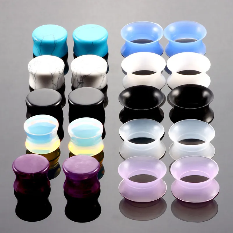 Nature Stone Ear Plugs Silicone Tunnels Double Flare Gauges Ear Stretcher Earlet Expanders Body Piercing Jewelry 6-16mm Mix Colors