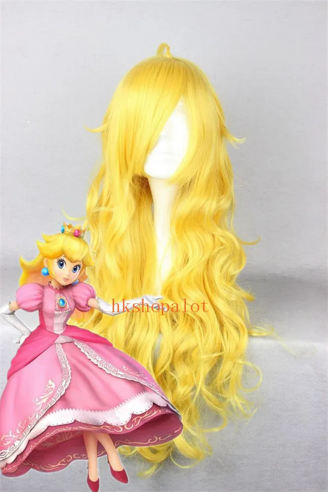 Princess Peach Prestige Wig żółte Długie Faliste Spirale Cosplay Dressing Up Peruka