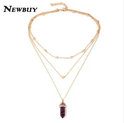 NEWBUY mode pierre naturelle collier ras du cou offre spéciale à la mode coeur Double couches couleur or chaîne femmes pendentif collier