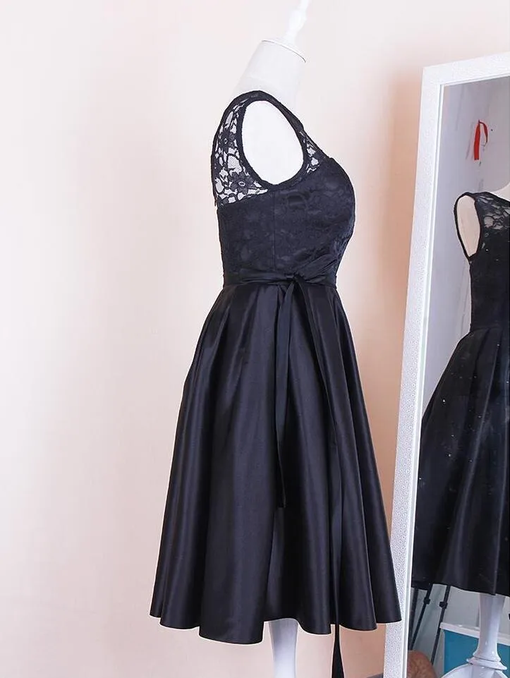 Real Photos Little Black Dress Jewel Lace and Elastic Satin Bridesmaid Dresses Cheap Knee Length Maid Of Honor Gowns Custom Made