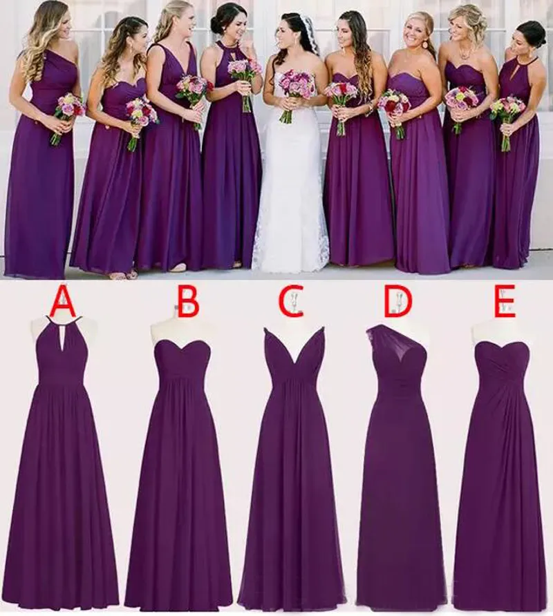 Abiti da damigella d'onore viola in chiffon primavera 2020 Mix and Match opzionali Stili Una linea Abiti da damigella d'onore da sposa lunghi Custom Made EN1241