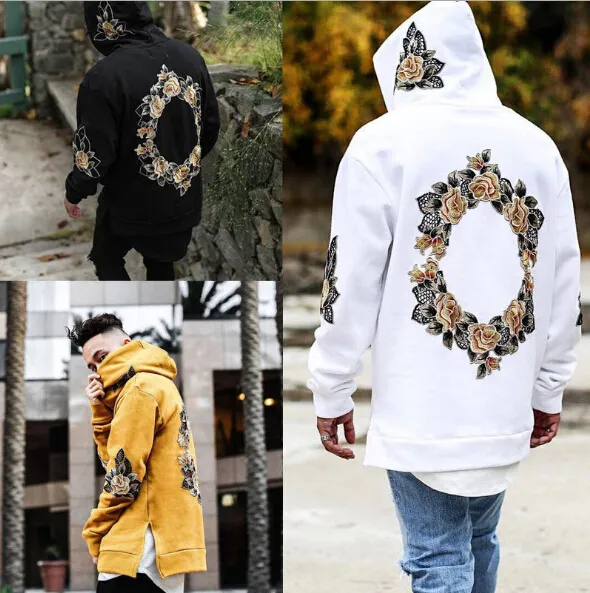 Men's Hoodies Sweatshirts New Design Flower Side Split Hoody Hooded Long Sleeve Jumper