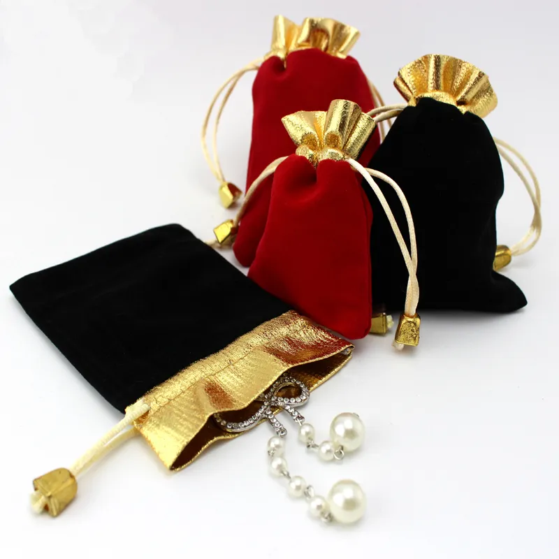 Black Red Velvet Beaded Drawstring Pouches Bags 100pcs/lot 2Colors 2sizes Jewelry Packaging Christmas Wedding Gift Bags