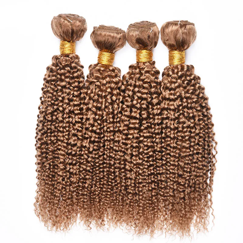 Kinky Curly Human Hair Weave 4 buntar # 27 Honey Blonde Pure Colored Brasilianska Virgin Curly Human Hair Wefts Hårförlängning 10-26 tum