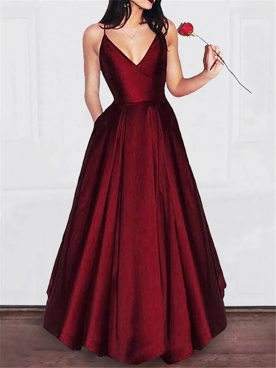 Spaghetti Straps A-Line V-neck Floor-Length Satin Evening Dress Sleeveless With Ruffles Prom Dresses Simple Long Formal Dress