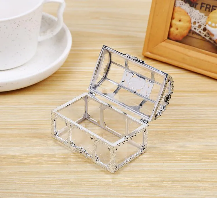 Coffre au trésor boîte à bonbons or argent Transparent en plastique boîtes de faveur de mariage boîte-cadeau de réception-cadeau pour bébé SN132