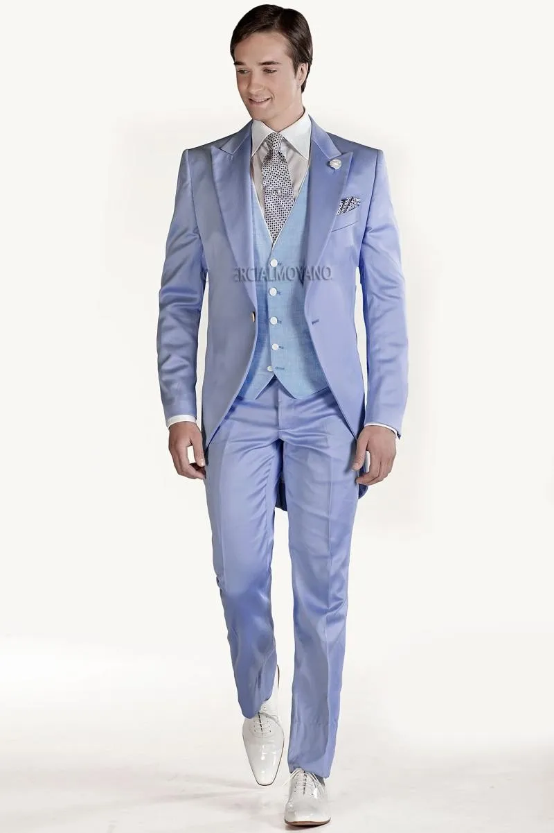 Nouveau design bleu Tailcoat marié Tuxedos matin style hommes vêtements de mariage de haute qualité hommes formel costume de fête de bal (veste + pantalon + cravate + gilet) 1002