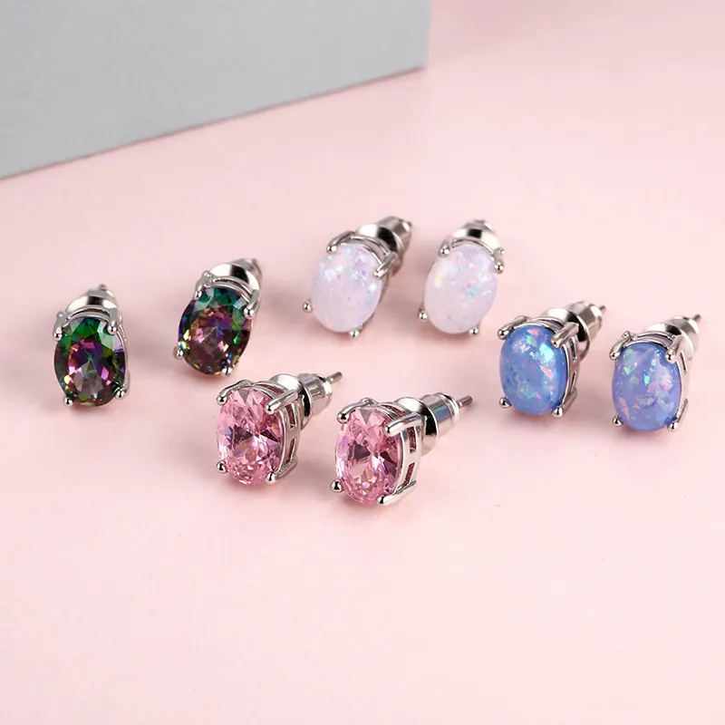 Oval Diamond Opal stud Earrings Engagement Wedding Ear rings women fashion Jewelry will and sandy gift