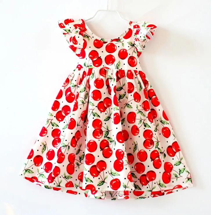 INS Cherry lemon Cotton Backless DRESS girls floral beach dress cute baby summer backless halter dress kids vintage flower 9628539