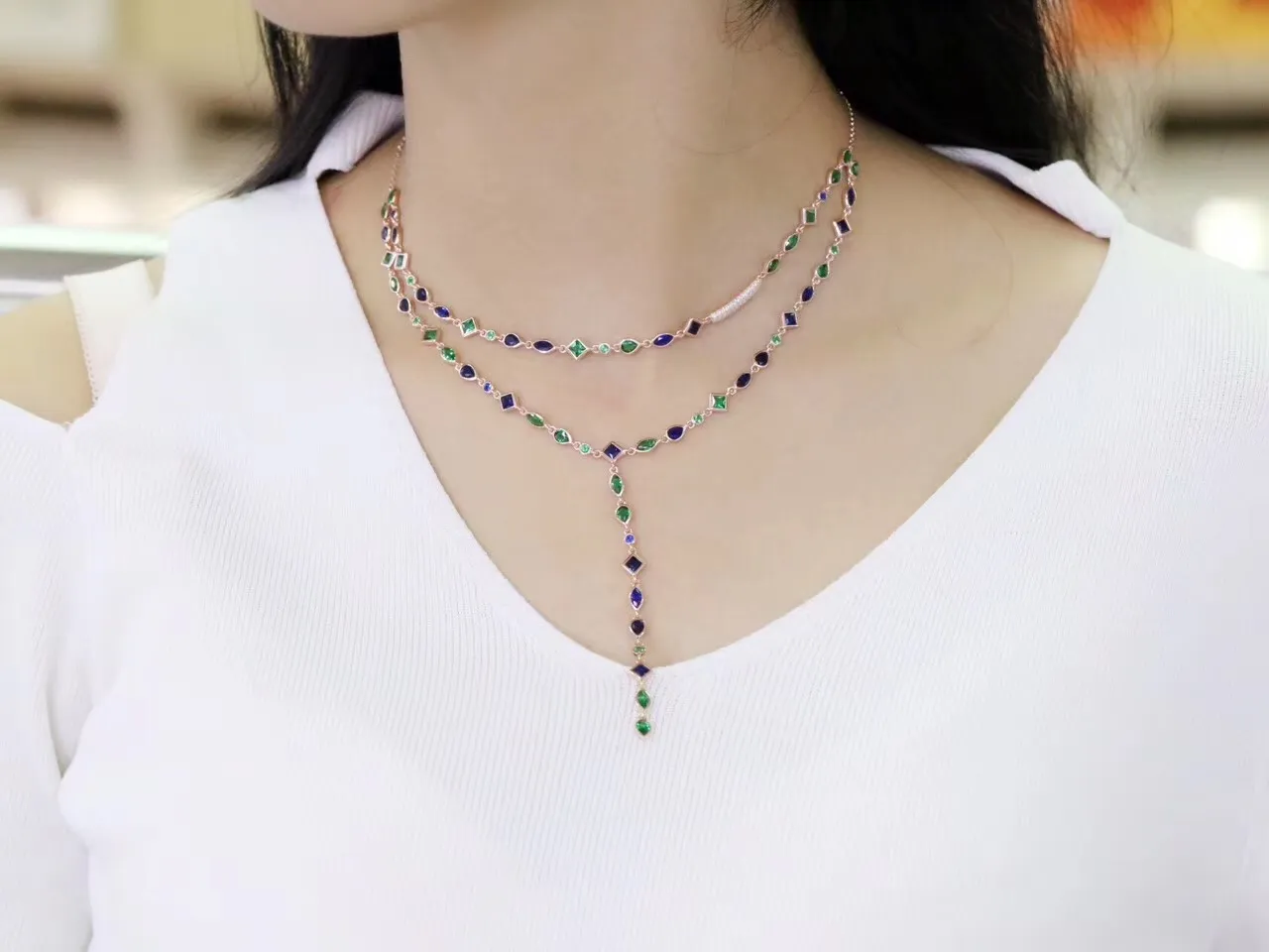 New Design Personality Fashion Women S925 Sterling Silver Inlay Zircon The Triangle Tassel Necklaces Jewelry Two Layer Colorful stone