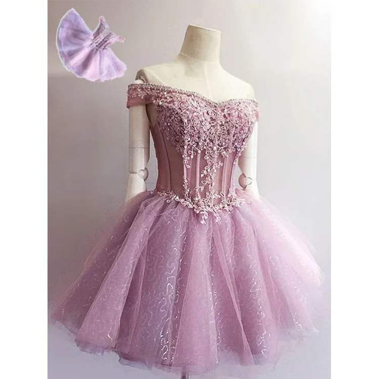 Romantyczna Rose Różowe Sukienki Homecoming Suknia Balowa Z Ramię Z Rękawami Aplikacja Koronki Perły Kryształ Krótki Prom Party Dress Suknie