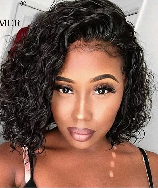 Curly Bob 360 Lace Front Perruques 100% Vierge Péruvienne Cheveux Humains Pré Pincée Fermeture Frontale Perruque pour Femmes Noires 150% Densité Partie latérale diva1