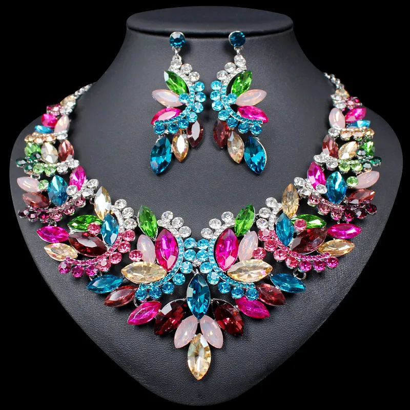 Fashion Big Crystal Statement Necklace Earrings set  Bridal Jewelry Sets for Brides Wedding Party Costume Jewellery Women