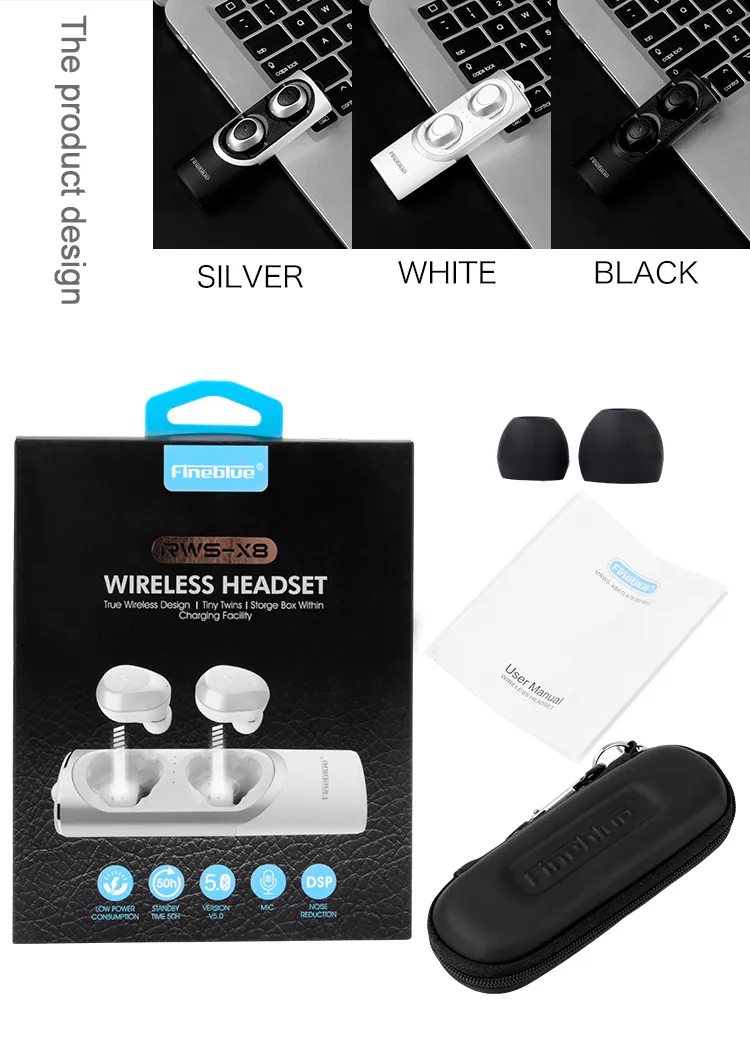 FINBLUE RWS-X8 Zakelijke draadloze in-ear oortelefoon Bluetooth 5.0 HIFI Stereo hoofdtelefoon TWS Handsfree Oordopjes met Power Bank