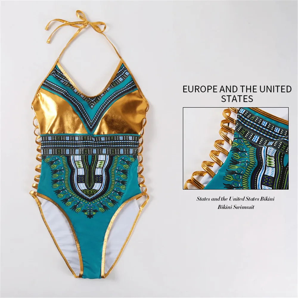 Europa US mais nova tendência colorido ouro patchwork vermelho Contraste Cor Bronzing Imprimir um pedaço swimwear Sexy lady Noble charme fita Elasticidade