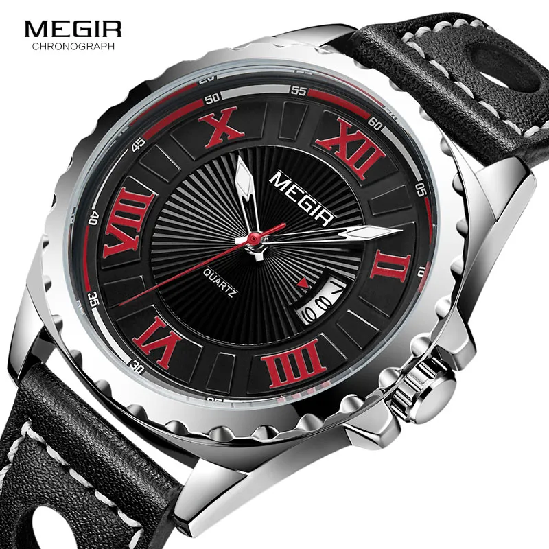 MEGIR Men's Retro Waterproof Quartz Watches Fashion Leather Strap Roman Numerals Analogue Wrist Watch for Man ML1019