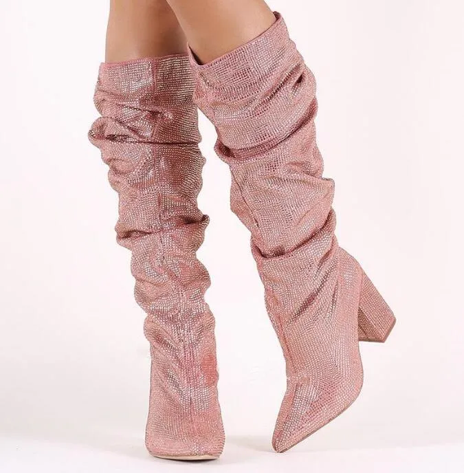 2018 novas mulheres chunky calcanhar botas de meia botas de dedo do pé apontado glitter diamante botas de festa senhoras sapatos cor rosa botas de strass