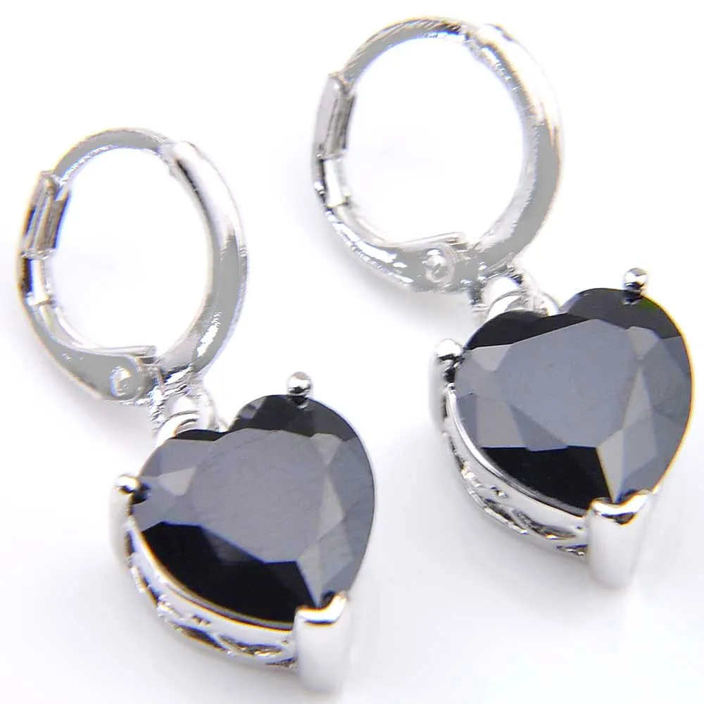 10prs Luckyshine Fashion Shine Heart Fire Black Onyx Cubic Cubic Cyrkonia Gemstone Silver Dangle Kolczyki na święto Wedding Party