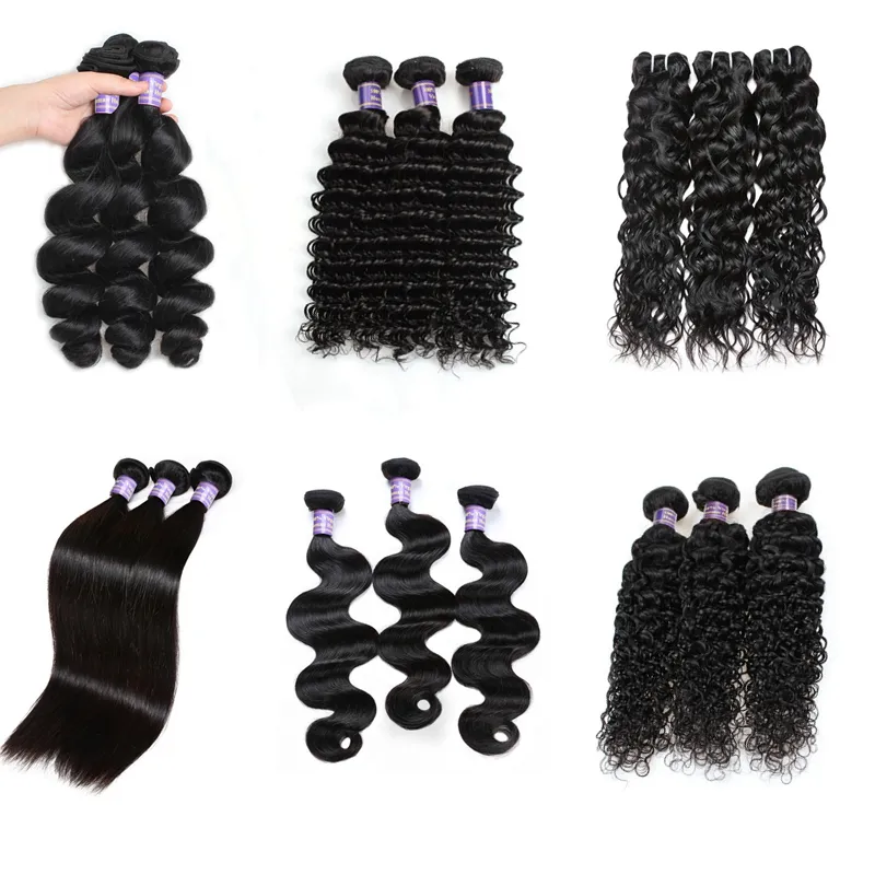 Barato Extensões de Cabelo Brasileiro Feixes de Cabelo Humano Virgem Do Cabelo Encaracolado Onda Do Corpo Em Linha Reta Onda Solta Onda de Água Por Atacado 3 Pacotes 1B Preto