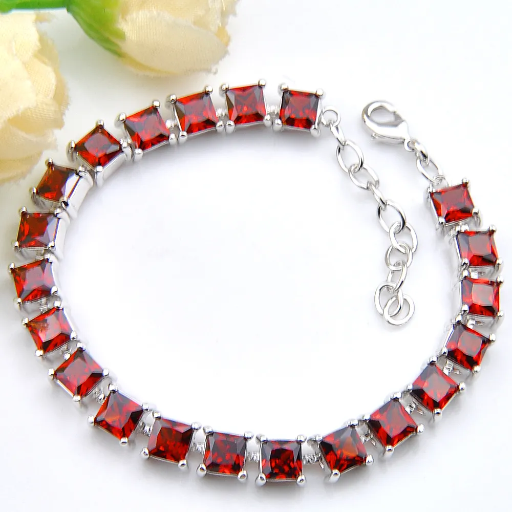 Luckyshine Geschenk, rotes Granat-Armband im Quadratschliff, 925 versilbert, modisches Damen-Armband mit 20,3 cm Zirkon