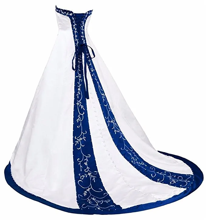 Royal Blue and White Wedding Dress Borduurwerkprinses Satin A Line Back Up Back Court Train Beaded Lange goedkope bruiloft GOW3829644