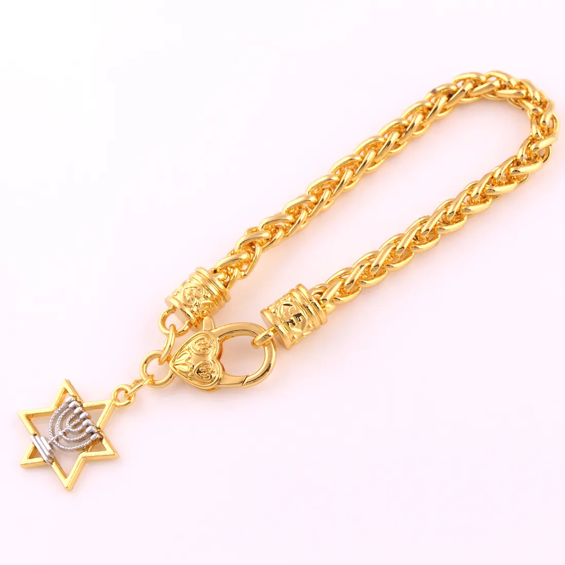 Dawapara Rhodium Faith Menorah And Gold David Star Charm Two Tones Rhodium Wheat Link Chain