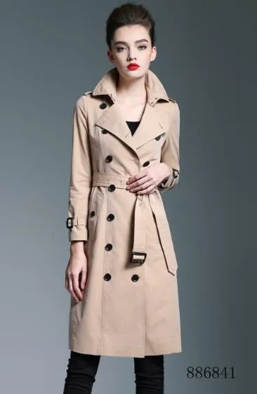 горячая классическая мода популярный английский плащ / женщины высокого качества плюс длинная куртка / двубортный приталенный тренч для женщин B6841F340 S-XXL