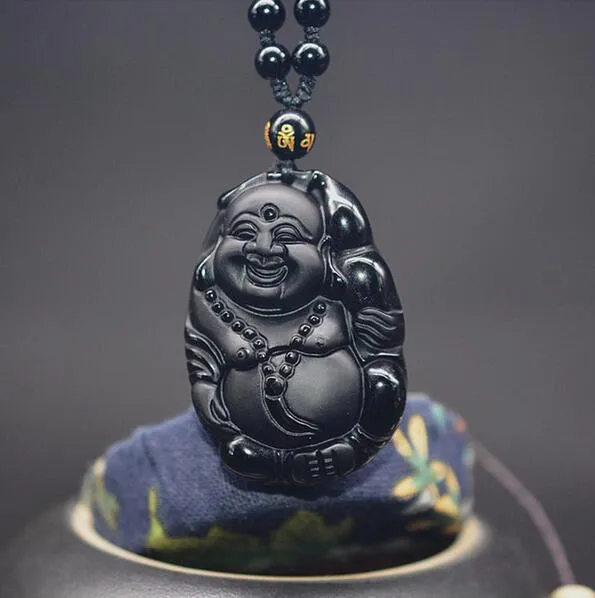 Ossidiana nera naturale scolpita Buddha che ride Collana con ciondolo amuleto fortunato per ciondolo da donna