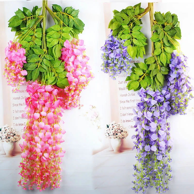 Wholesale Wisteria Fake Suspending Vigne Décorations de jardin Décorations de soie Feuillage de la soie Feuille Feuille Feuille Garland Plante Maison Décoration Couleurs pour choisir