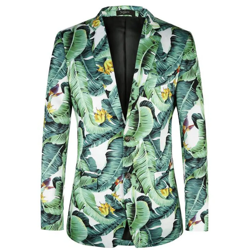 패션 프린트 남성 블레이저 새로운 도착 바나나 잎 패턴 꽃복 재킷을위한 플러그 크기 4xl