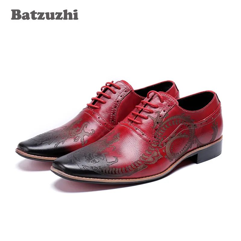 High Quality Men Oxfords Shoes British Style Carved Genuine Leather Shoes Wine Red Brogue Lace-Up Bullock Business Mens Flats