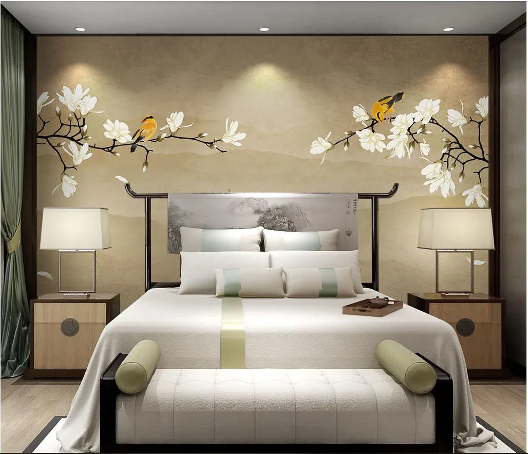 3D-kamer behang custom foto niet-geweven muurschildering nieuwe Chinese magnolia bloem handgeschilderde bloemen en vogels wal wallpaper voor muren 3 d