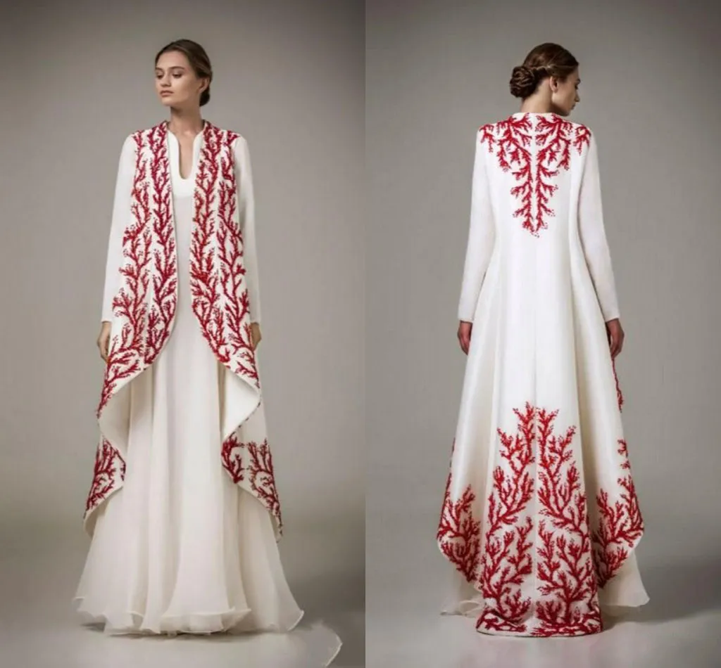 Abiti da sera eleganti a maniche lunghe Abiti da cerimonia da donna arabi sauditi in chiffon di raso con ricamo rosso bianco Abiti da festa indiani