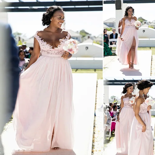 2018 Nowy Różowy Długie Druhna Druhna Bez Rękawów South Afryki Koronki Aplikacja Scoop Neck Side Split Szyfonowe Druhny Dress Custom