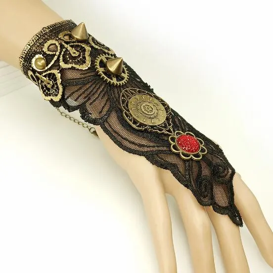 Hot Style Gothic Punk Vintage Hand Ornamenter Vindkedja Lady Black Lace Armband Modig personlighet Klassisk Utsökt Elegans