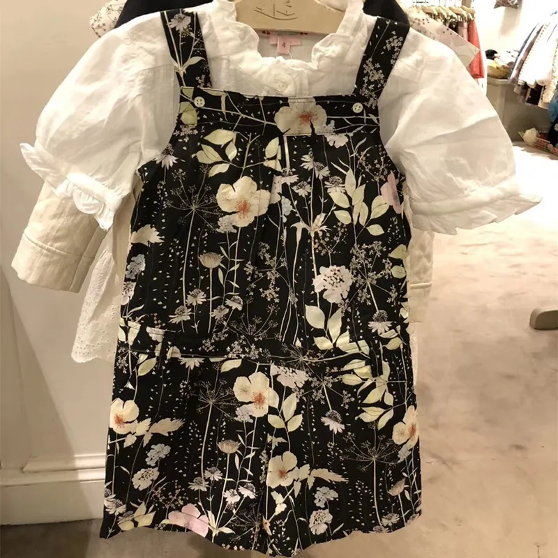 Springsummer Floral Pattern Printed Baby Girls White Blouse Top + Black Overall Kinderkleding Set voor meisjes Cherry Merk Kleding