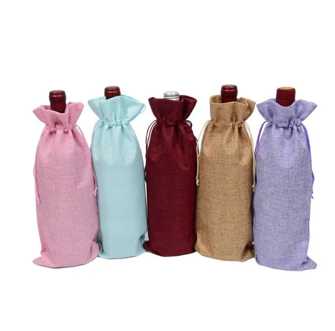 Free Ship 15*35cm Rustic Natural Jute Burlap Wine Bags Drawstring Wine Bottle Covers Weddings Party Champagne Linen Wine Gift Package Bags