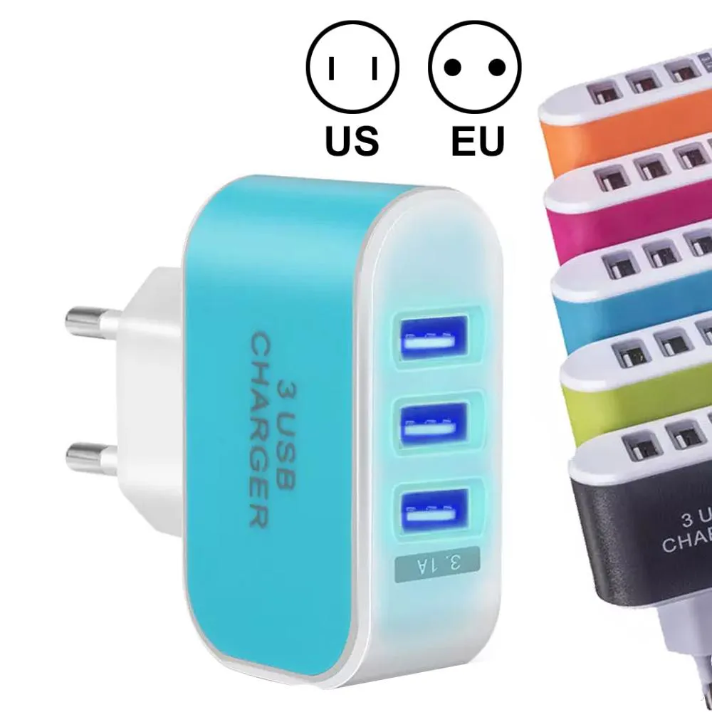 US EU Plug 3 USB Wall Chargers 5V 3.1A LED-adapter Travel Handige Power Adapter met Triple USB-poorten voor Smarphones