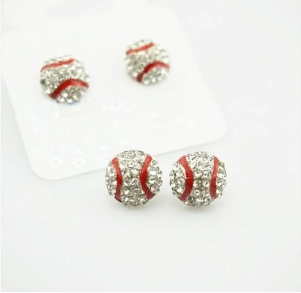 Timkong waterproof soft high qulity Rhinestone Baseball Earrings Stud Crystal Rhinestone Silver Bling White Mom Post Earring