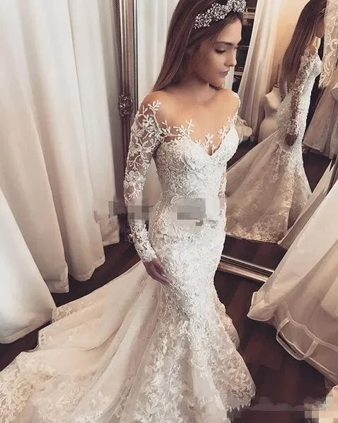 2018 roupão de casamento sereia vestidos de casamento de manga comprida pescoço de jóia pura lace applique 3d flores frisado quadra trem plus tamanho vestido nupcial