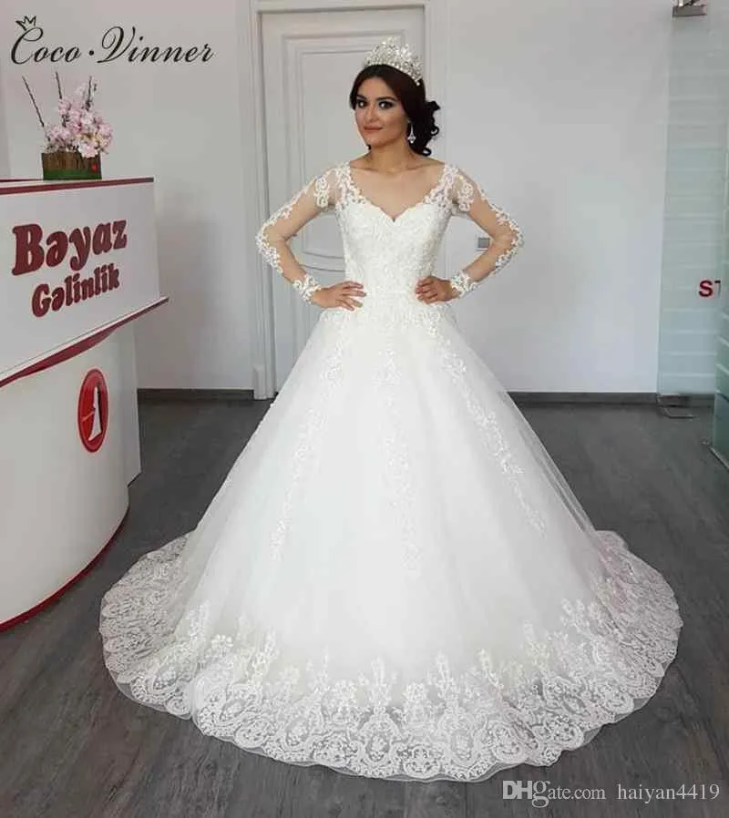 Deep Sexy Vintage V Neck Lace Dresses Long Illusion Sleeves Appliques Sweep Train Wedding Dress Bridal Gowns Robe De Mariee