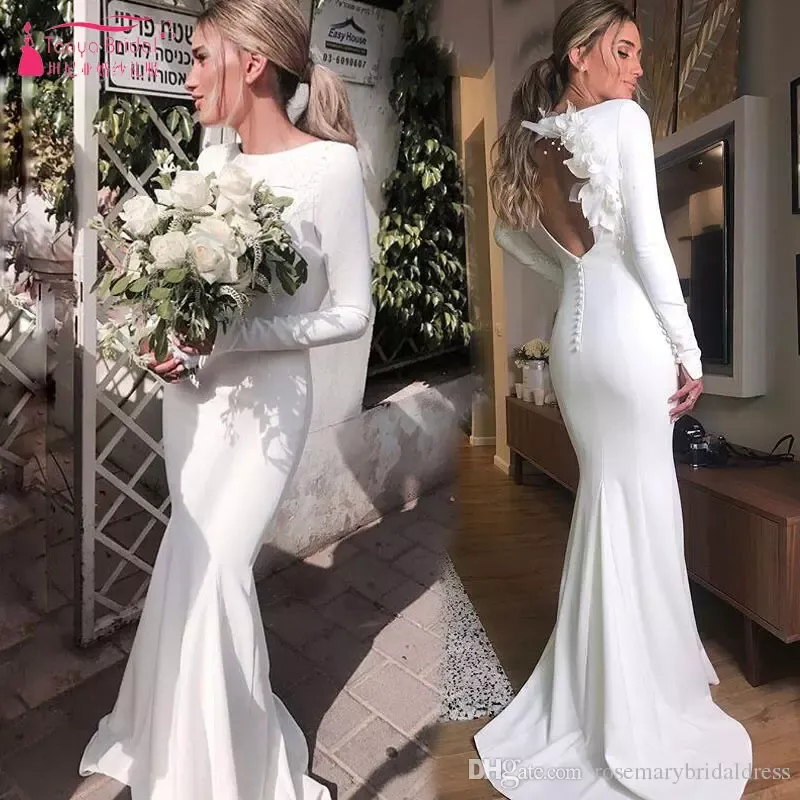 Mermaid Uzun Kollu Saten Gelinlik 2021 Jewel Boyun Bohemian Gelinlikler Aç Geri Vestido De Noiva 3D Çiçekler Aksesuarları ile