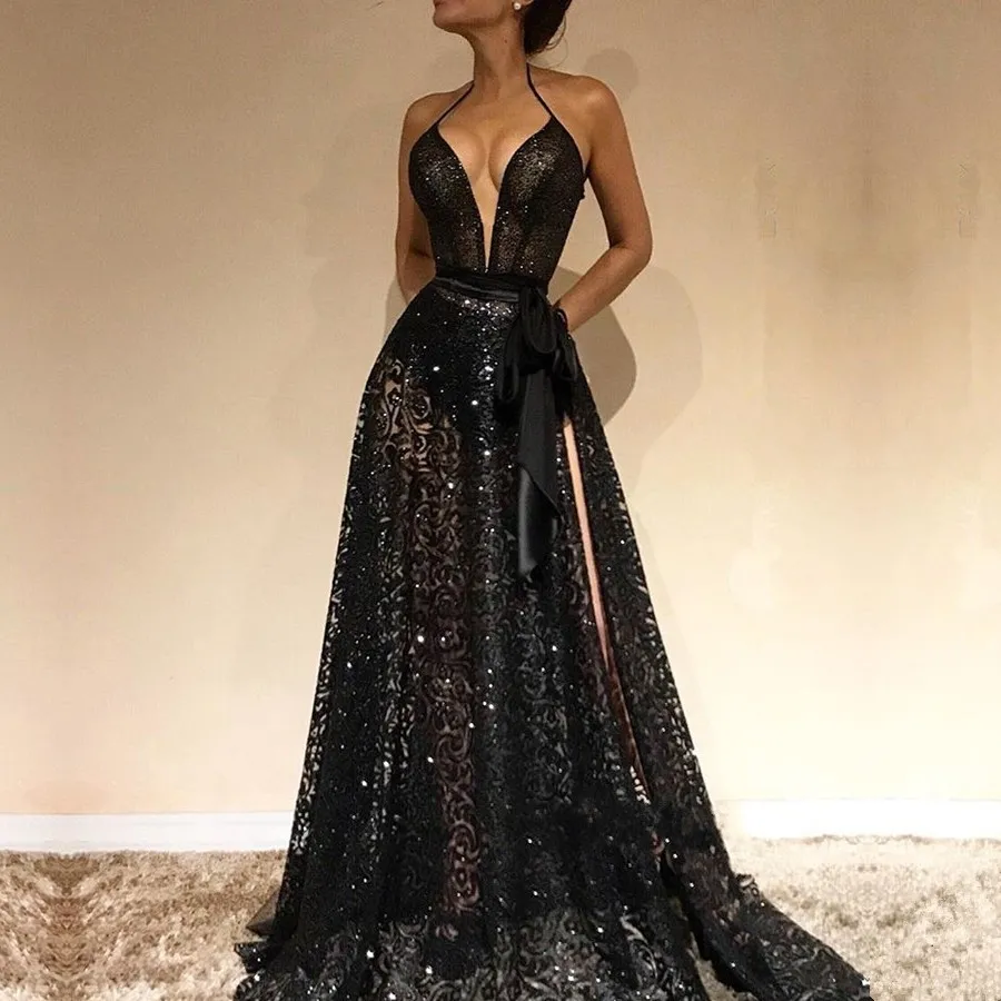 2019 robes de soirée sexy noir illusion avec des bretelles spaghetti col en v fendue de longues robes de bal