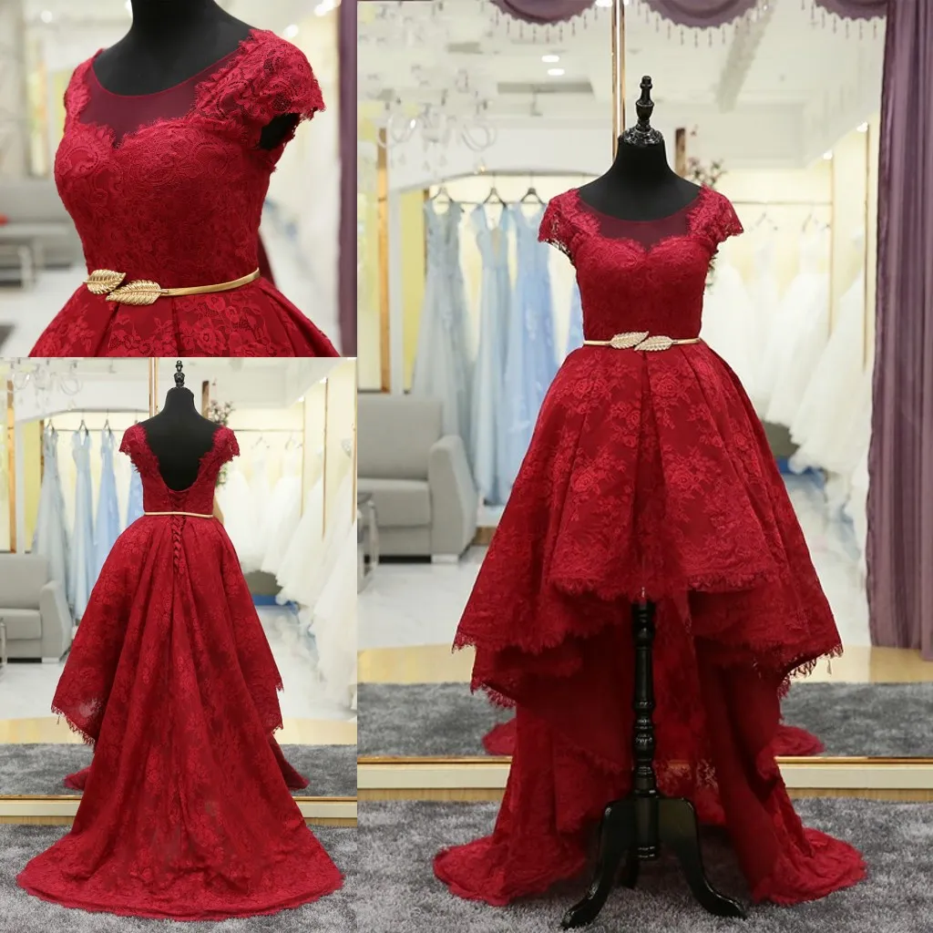 Röd hög lågkväll formell klänning kort framsida lång bak en linje sopa tåg spets bodice med ärm sheer neck lång prom klänning