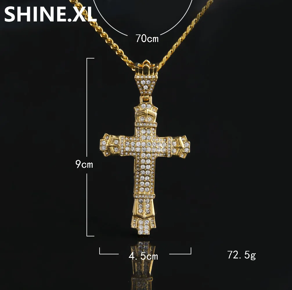 Men Gold Cross Pendant Necklace with Stainless Steel Cuban Chain Hip Hop Iced Out Rhinestone Bling Party Jewelry221W