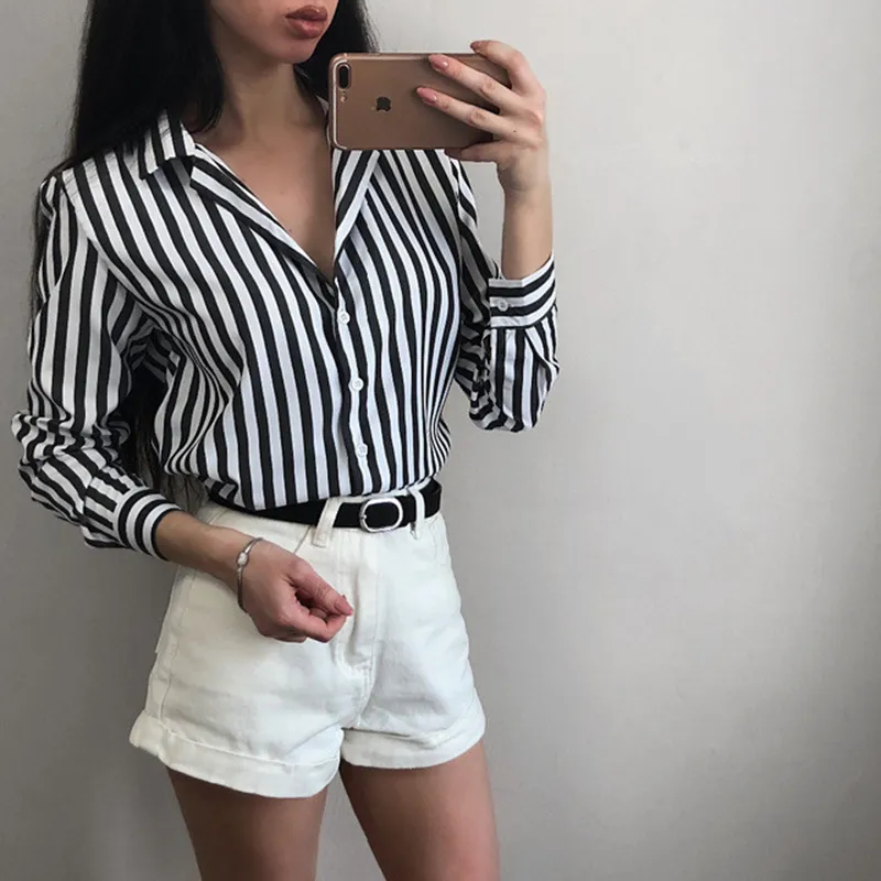 2018 New Spring Outono Mulheres Blusa Preto Tiras V-Decote De Manga Longa Camisas De Trabalho Mulheres Escritório Tops Blusa Listrada Para Negócios