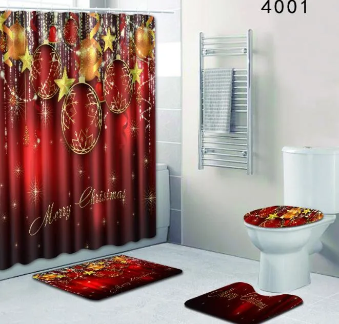 Christmas Shower Curtain Set with Mat Seat Cover Polyester Waterproof Bath Curtain Non Slip